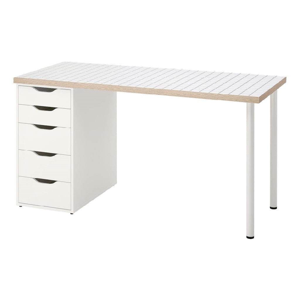 Bureau moderne blanc avec 5 tiroirs et plateau à motif quadrillé