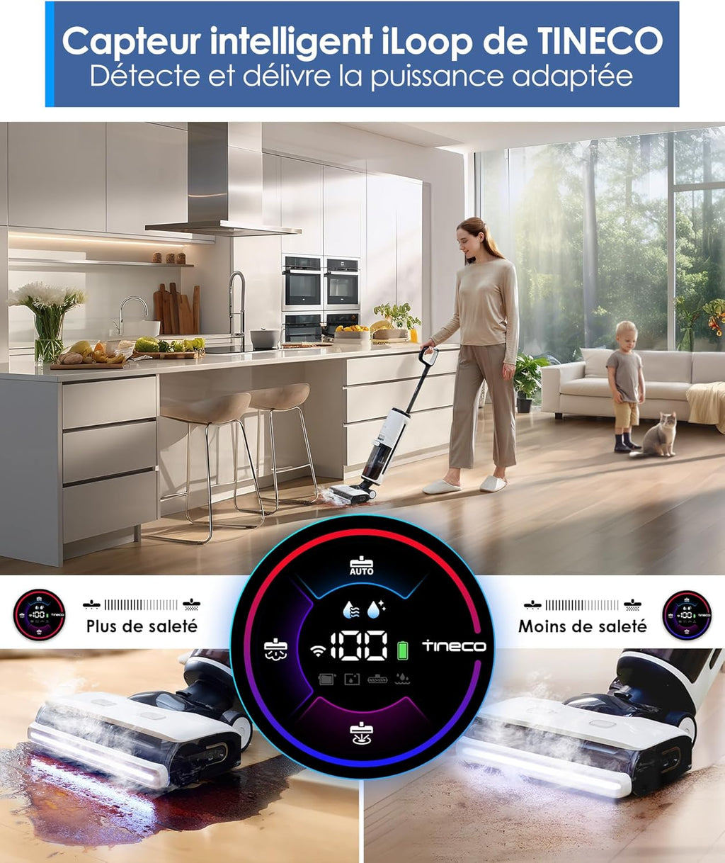 Tineco Floor One S7 Steam Nettoyeur de Sols sans-Fil Balai Vapeur pour Saletés Collantes sur Sols Durs avec Écran Auto-Nettoyage Nettoyage des Bords Autopropulsion Parfait pour Enfants/Animaux