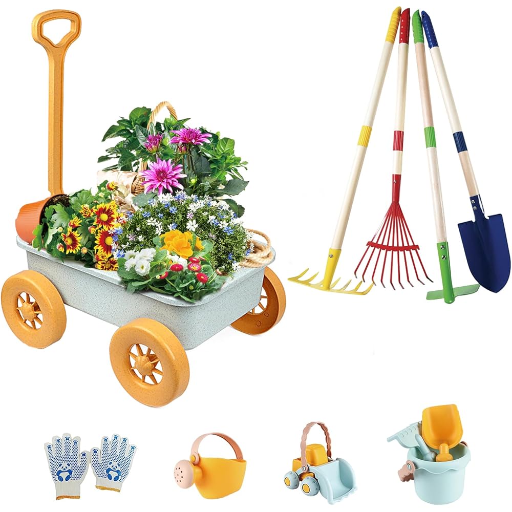 Mostop Kit d'outils de jardinage pour enfants - Jouet avec brouette, pelle en métal, râteau, râteau, chariot de jardin extérieur, cadeau d'anniversaire pour garçons et filles de 4 à 8 ans : Jeux et Jouets