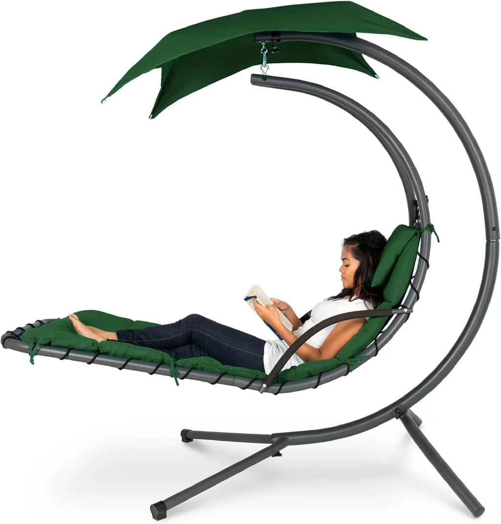 Chaise longue suspendue d'extérieur Best Choice Products – Fauteuil à bascule incurvé en acier avec coussin intégré et auvent amovible – Gris anthracite