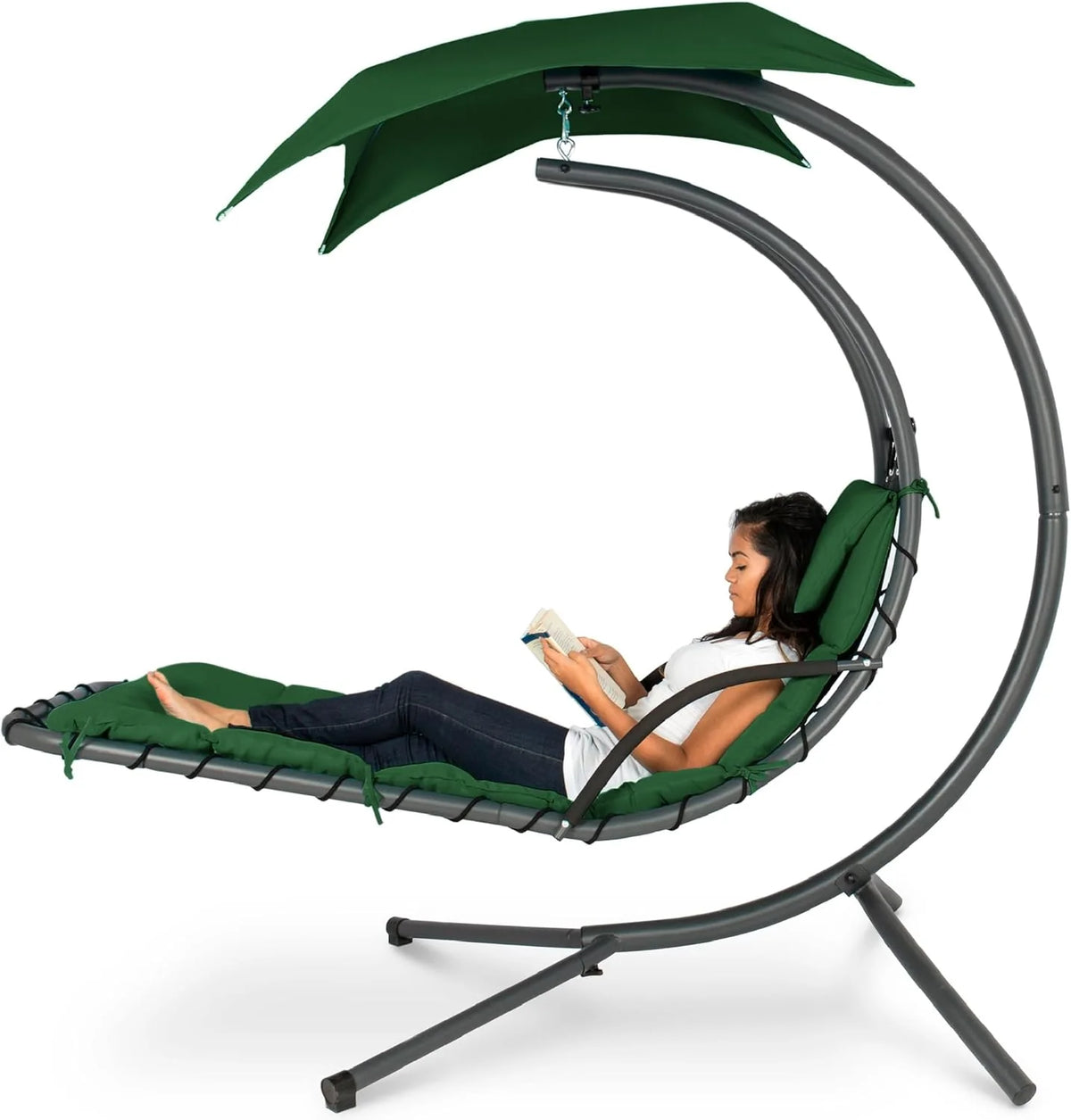 Chaise longue suspendue d'extérieur Best Choice Products – Fauteuil à bascule incurvé en acier avec coussin intégré et auvent amovible – Gris anthracite
