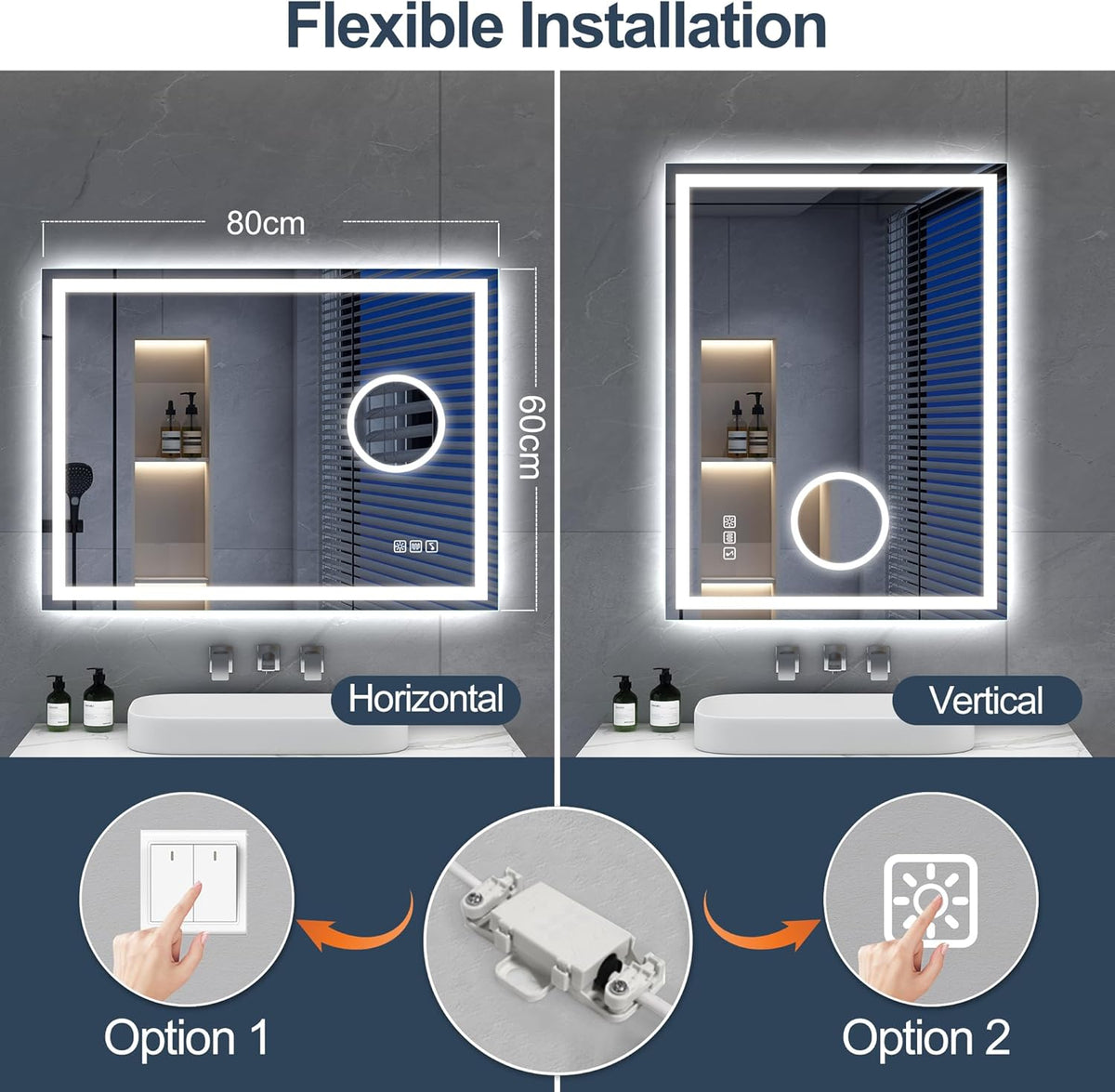 Miroir de salle de bain S'bagno avec éclairage 120 x 70 cm, miroir de salle de bain LED avec Bluetooth et fonction antibuée, intensité variable 3000 K/4000 K/6500 K, mémoire de forme, verre trempé HD, IP44 - Miroirs de salle de bain LED, horizontaux