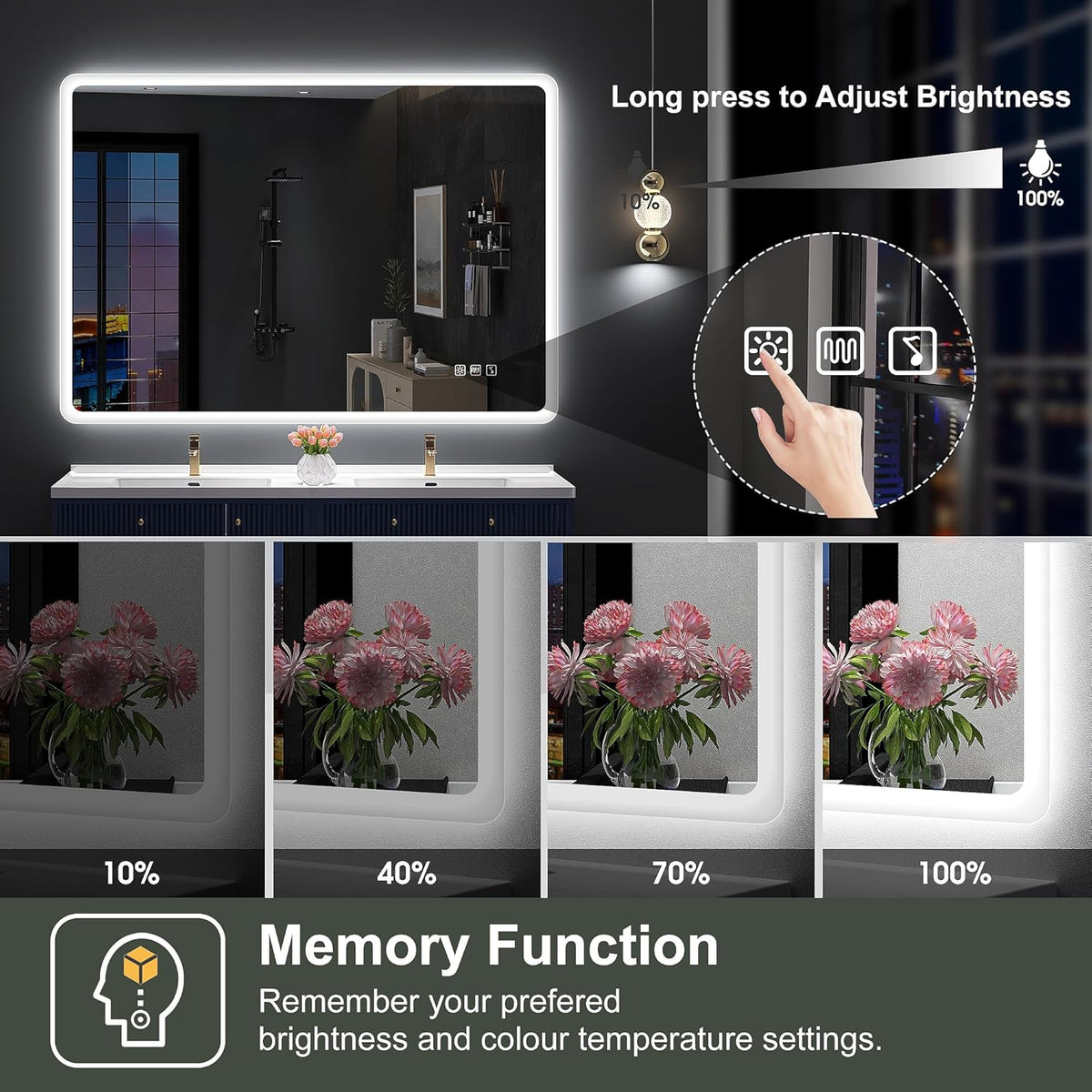 Miroir de salle de bain S'bagno avec éclairage 1200 x 700 mm, IP44, LED, Bluetooth, antibuée, 3 couleurs de lumière (3 000 K, 4 000 K, 6 500 K), intensité variable, mémoire, vertical ou horizontal. Miroirs de salle de bain avec LED.