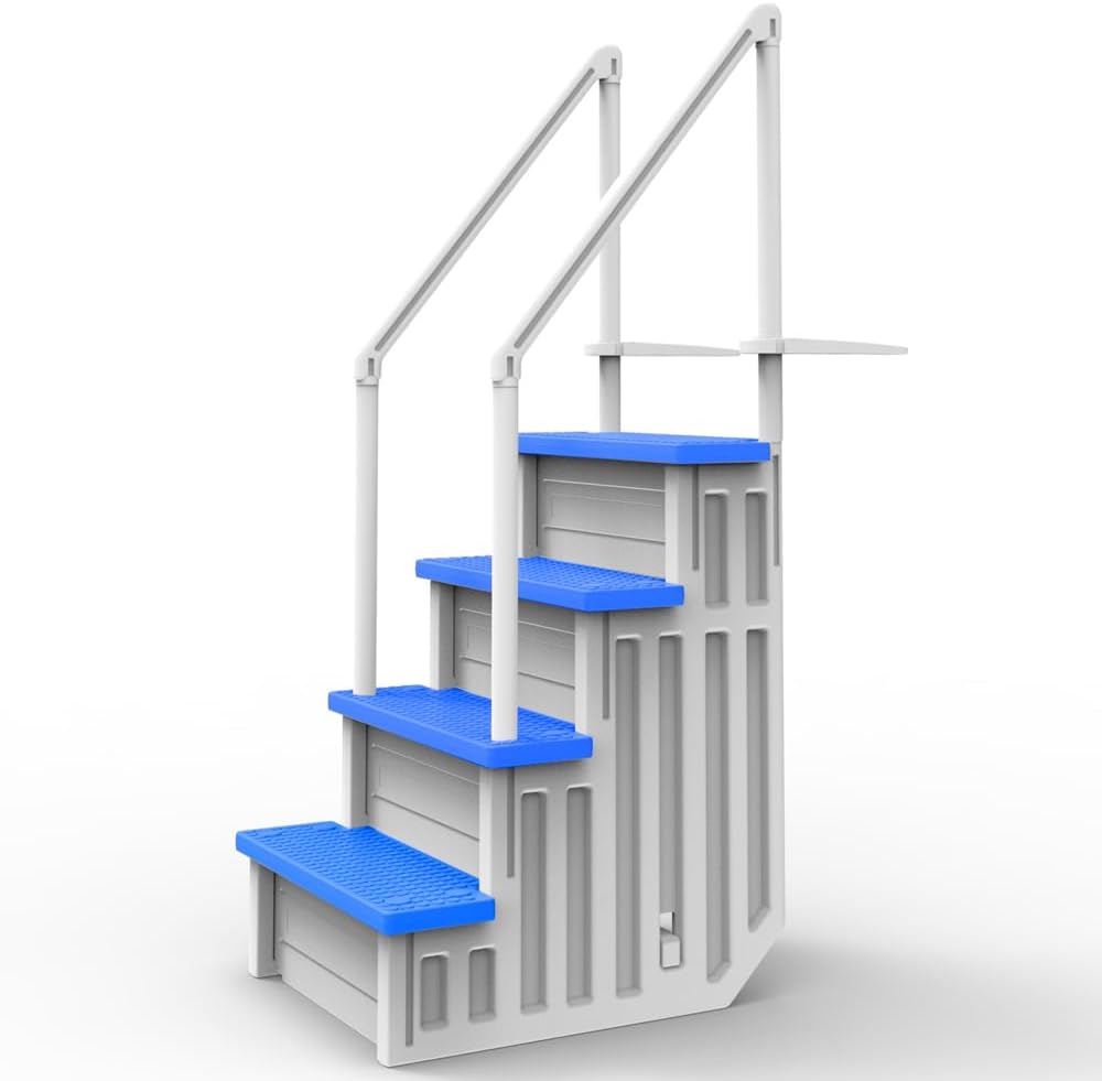 Marches antidérapantes Aqua Select pour piscines hors sol | Bleues | Pour piscines hors sol | Installation possible sur des terrasses de 122 à 137 cm de hauteur | Échelle de sécurité supportant jusqu'à 113 kg