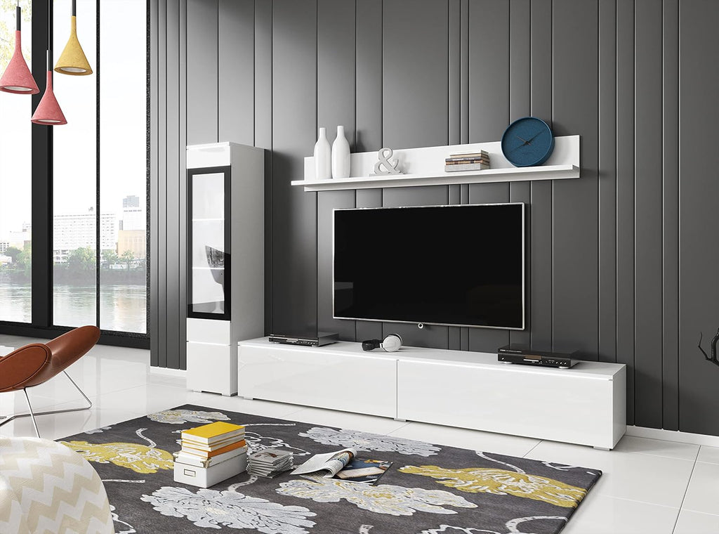 Ensemble de salon Piaski Vera I, éclairage LED en option, couleurs variées (béton/blanc brillant, sans éclairage LED)