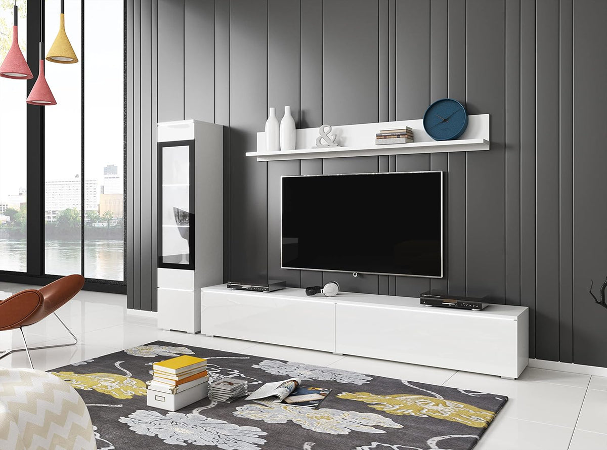 Ensemble de salon Piaski Vera I, éclairage LED en option, couleurs variées (béton/blanc brillant, sans éclairage LED)