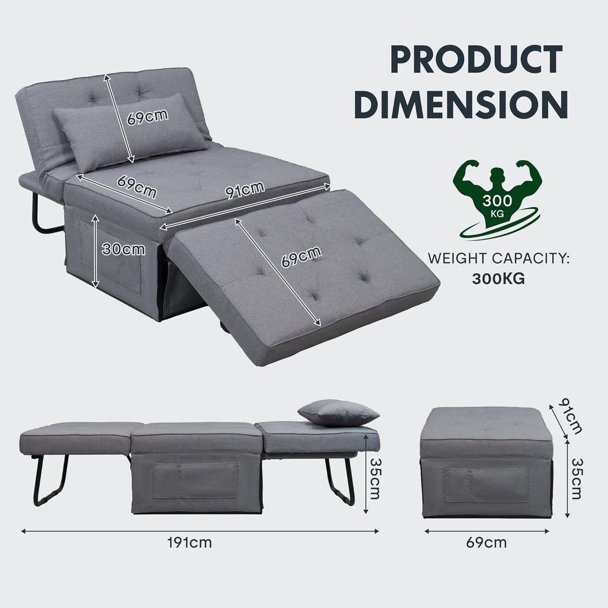 Canapé-lit FLEXISPOT, fauteuil-lit extensible et pliable, capacité de charge 300 kg, gris