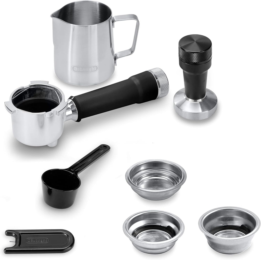Machine à café De'Longhi Dedica - Acier inoxydable, pompe, pour café moulu ou dosettes, expresso et cappuccino, réservoir de 1,3 litre, système anti-gouttes, modèle EC685.M, couleur métal