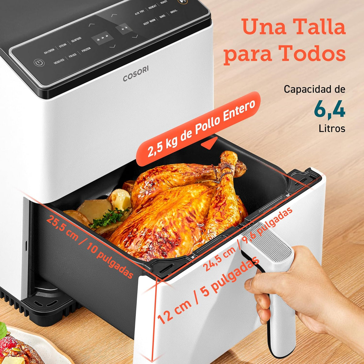 Friteuse à air sans huile COSORI 6,4 L, double chauffage, sans remuer ni préchauffer, avec recettes en espagnol et 12 programmes, gris foncé, modèle CAF-P583S