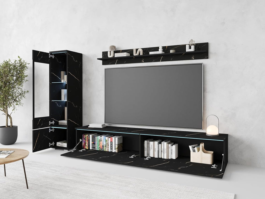 Ensemble de salon Piaski Vera I, éclairage LED en option, couleurs variées (béton/blanc brillant, sans éclairage LED)