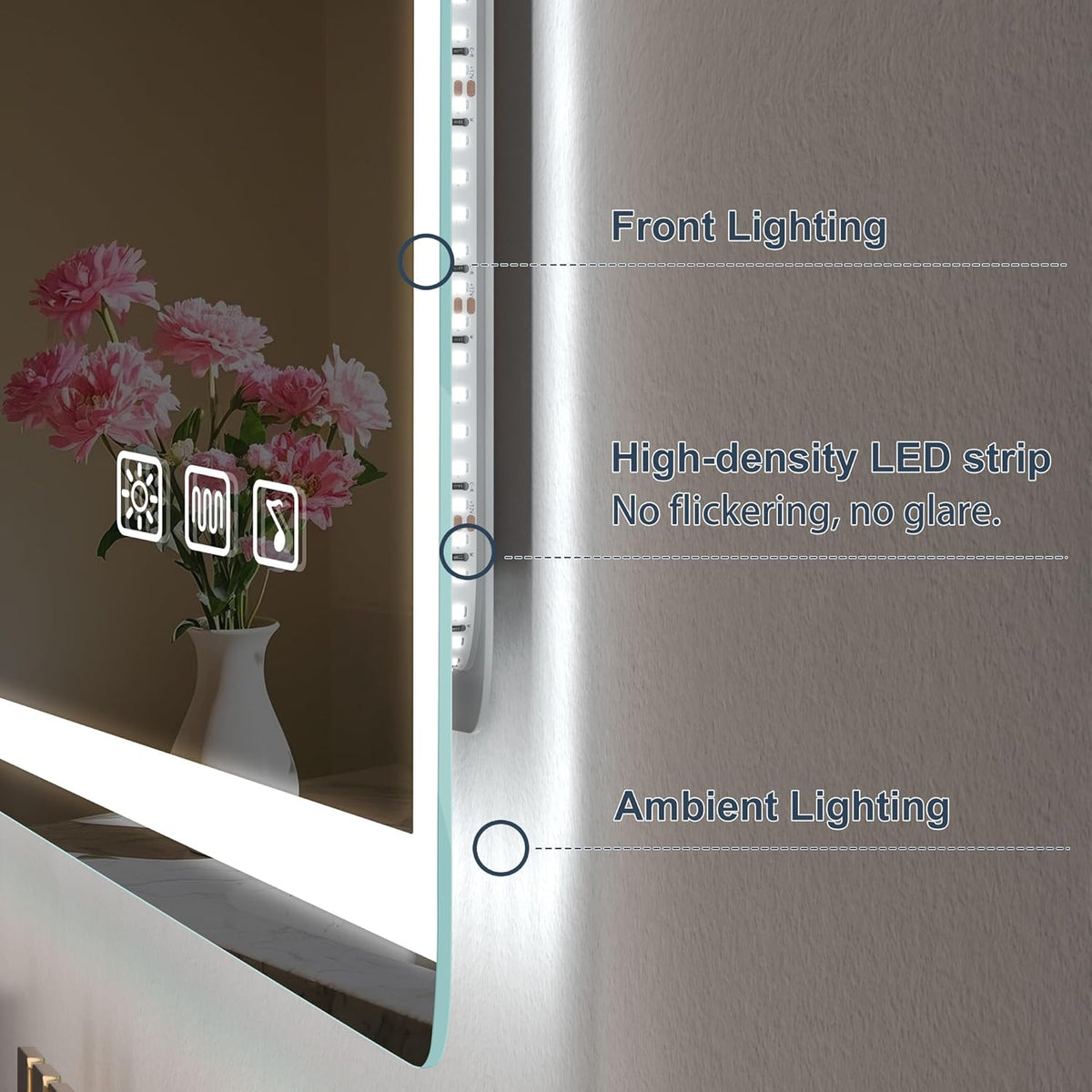 Miroir de salle de bain S'bagno avec éclairage 120 x 70 cm, miroir de salle de bain LED avec Bluetooth et fonction antibuée, intensité variable 3000 K/4000 K/6500 K, mémoire de forme, verre trempé HD, IP44 - Miroirs de salle de bain LED, horizontaux