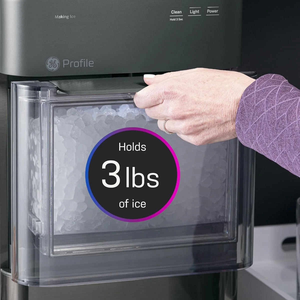 Machine à glaçons GE Profile Opal 2.0 (2025) – Format pépites, trémie de 2,8 litres (0,75 gallon). Acier inoxydable.