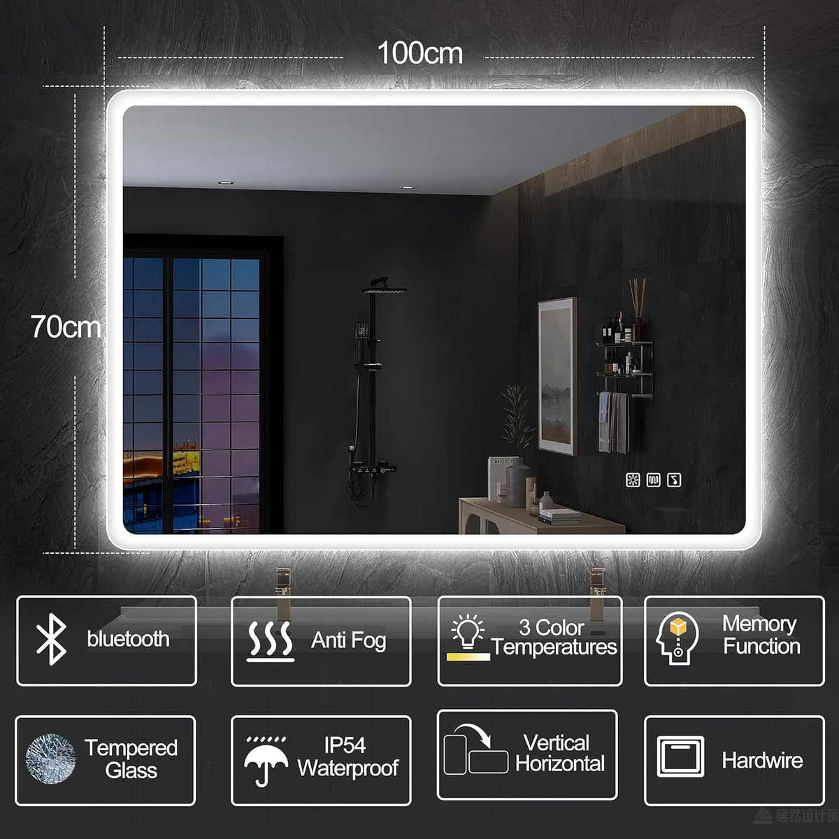 Miroir de salle de bain S'bagno avec éclairage 1200 x 700 mm, IP44, LED, Bluetooth, antibuée, 3 couleurs de lumière (3 000 K, 4 000 K, 6 500 K), intensité variable, mémoire, vertical ou horizontal. Miroirs de salle de bain avec LED.