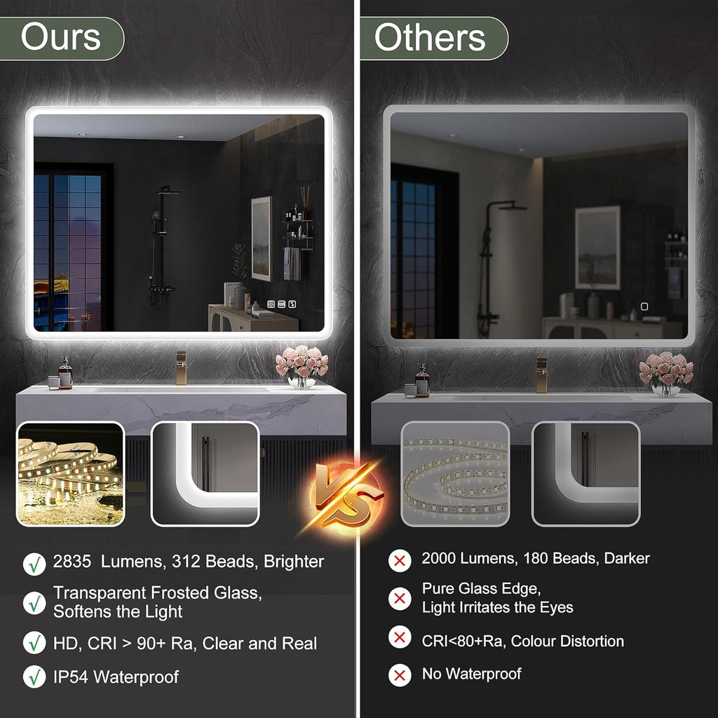 Miroir de salle de bain S'bagno avec éclairage 1200 x 700 mm, IP44, LED, Bluetooth, antibuée, 3 couleurs de lumière (3 000 K, 4 000 K, 6 500 K), intensité variable, mémoire, vertical ou horizontal. Miroirs de salle de bain avec LED.