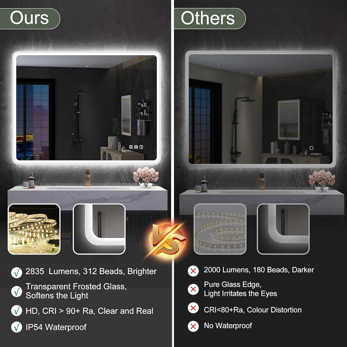 Miroir de salle de bain S'bagno avec éclairage 1200 x 700 mm, IP44, LED, Bluetooth, antibuée, 3 couleurs de lumière (3 000 K, 4 000 K, 6 500 K), intensité variable, mémoire, vertical ou horizontal. Miroirs de salle de bain avec LED.