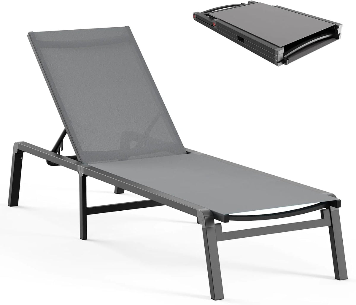 Chaise longue de jardin pliante en aluminium, sans montage, avec dossier réglable 5 positions, idéale pour terrasse, piscine et plage – Noir