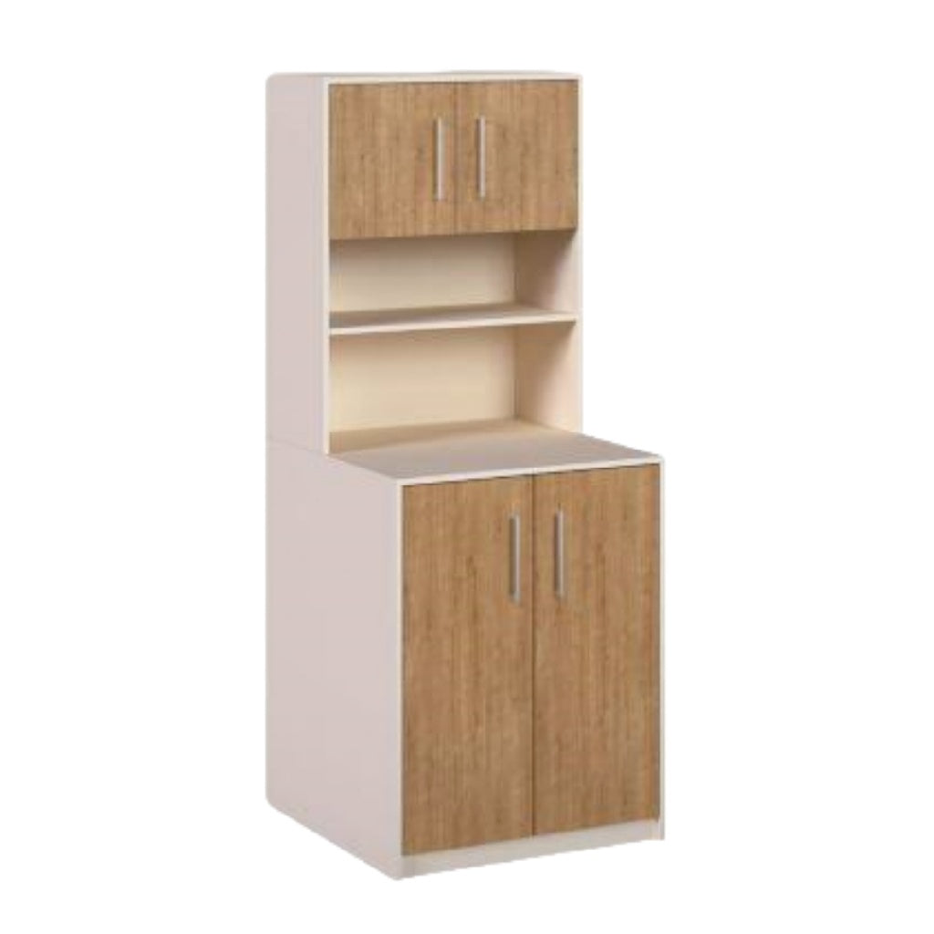 Buffet haut de cuisine en bois et blanc — meuble de rangement avec étagères et portes