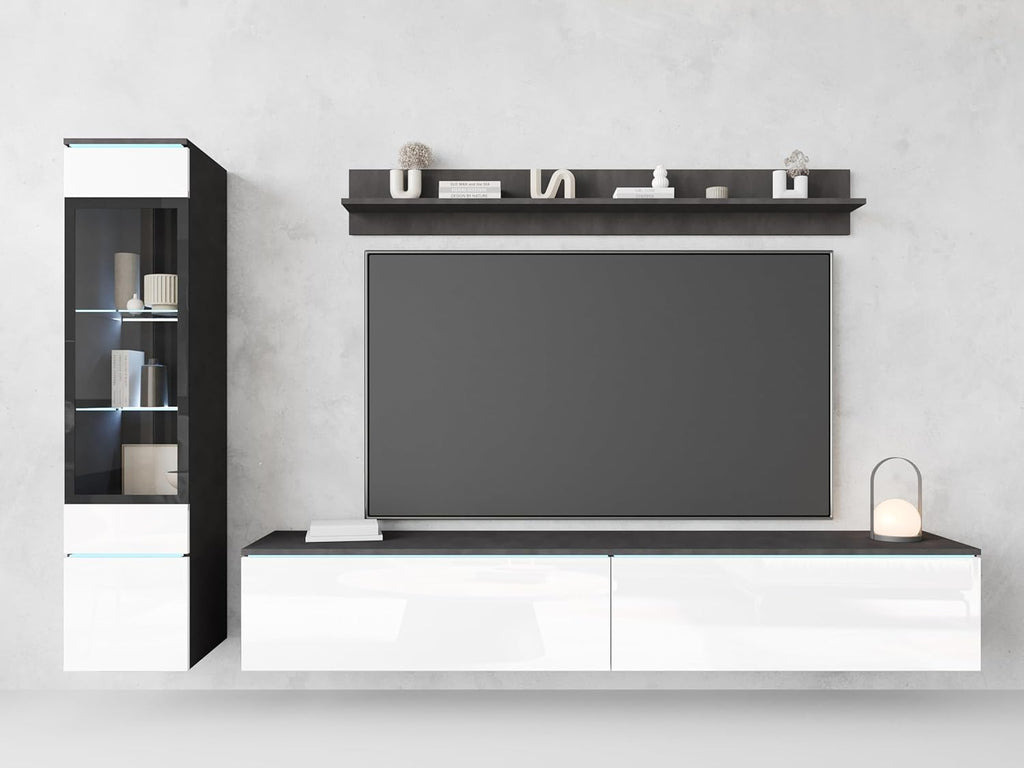 Ensemble de salon Piaski Vera I, éclairage LED en option, couleurs variées (béton/blanc brillant, sans éclairage LED)