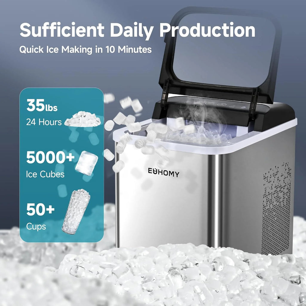 Machine à glaçons de comptoir EUHOMY – Prête en 8 minutes. 16 kg/24 h. Autonettoyante. Machine à glaçons portable avec pelle et seau. Glaçons comestibles produits par ultrasons pour la maison, les fêtes, le camping ou les caravanes.
