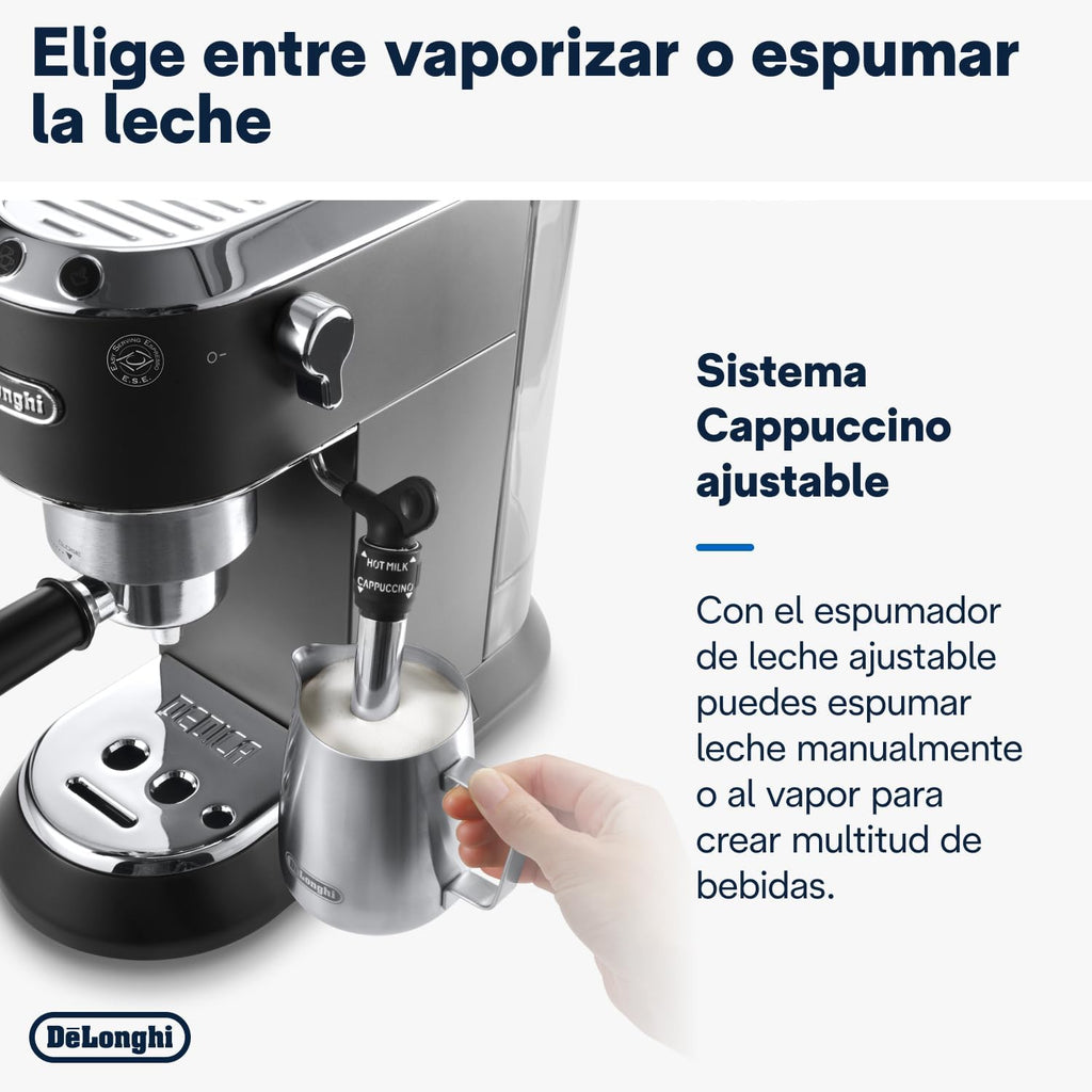 Machine à café De'Longhi Dedica - Acier inoxydable, pompe, pour café moulu ou dosettes, expresso et cappuccino, réservoir de 1,3 litre, système anti-gouttes, modèle EC685.M, couleur métal