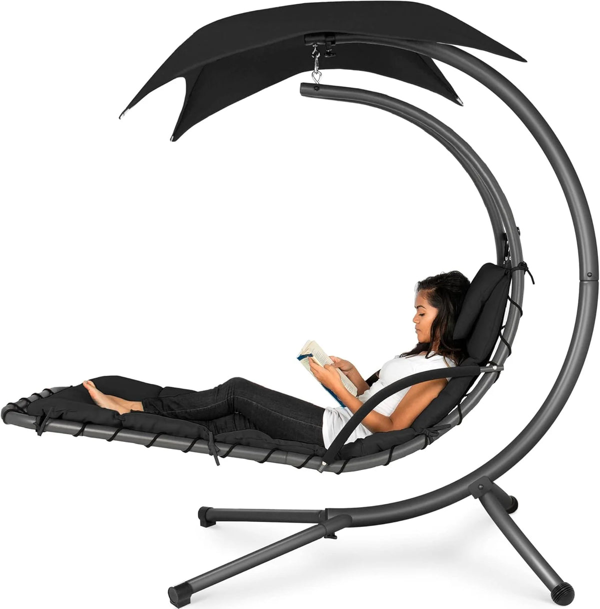 Chaise longue suspendue d'extérieur Best Choice Products – Fauteuil à bascule incurvé en acier avec coussin intégré et auvent amovible – Gris anthracite