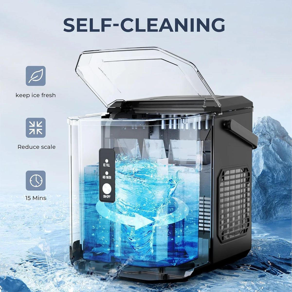 Machine à glaçons de comptoir EUHOMY – Prête en 8 minutes. 16 kg/24 h. Autonettoyante. Machine à glaçons portable avec pelle et seau. Glaçons comestibles produits par ultrasons pour la maison, les fêtes, le camping ou les caravanes.