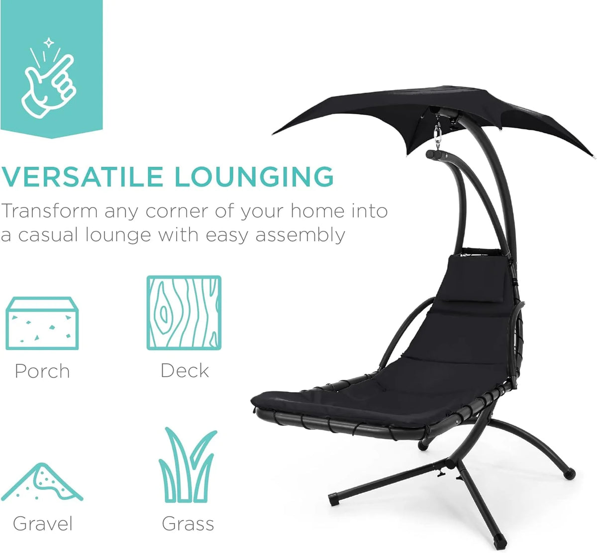 Chaise longue suspendue d'extérieur Best Choice Products – Fauteuil à bascule incurvé en acier avec coussin intégré et auvent amovible – Gris anthracite