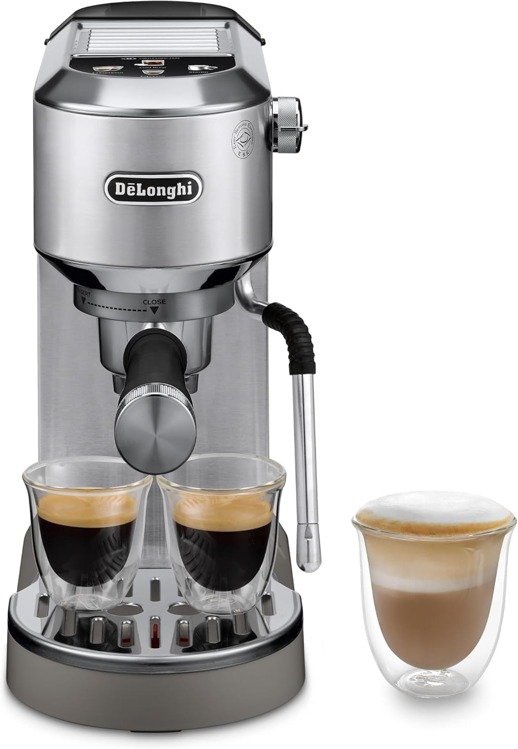 Machine à café De'Longhi Dedica - Acier inoxydable, pompe, pour café moulu ou dosettes, expresso et cappuccino, réservoir de 1,3 litre, système anti-gouttes, modèle EC685.M, couleur métal