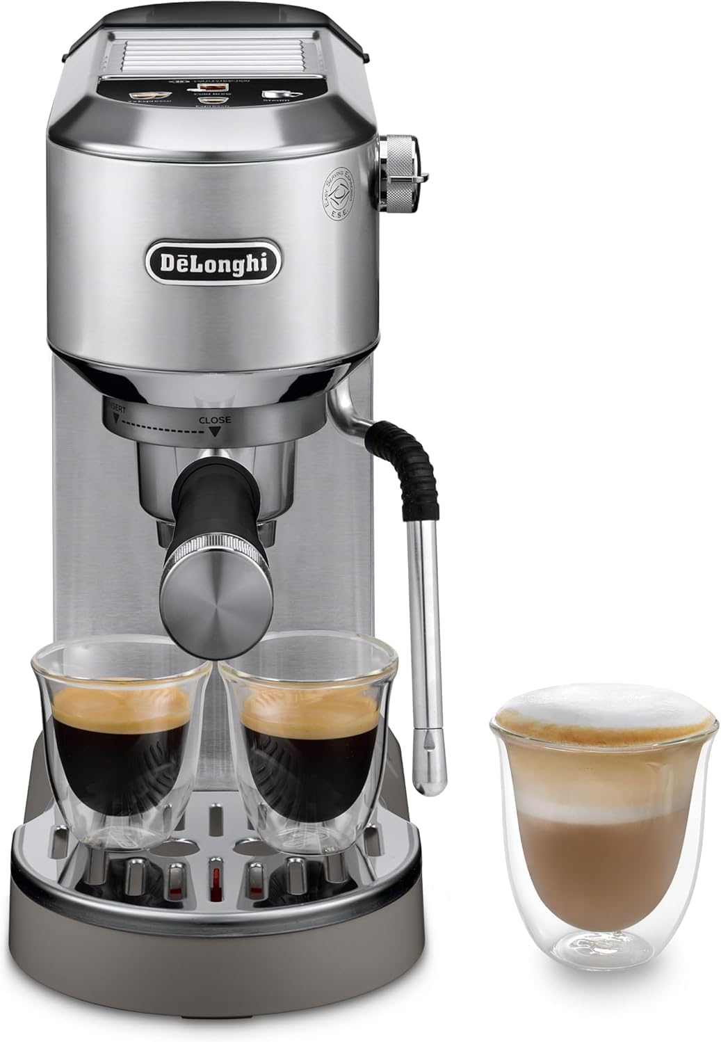 Machine à café De'Longhi Dedica - Acier inoxydable, pompe, pour café moulu ou dosettes, expresso et cappuccino, réservoir de 1,3 litre, système anti-gouttes, modèle EC685.M, couleur métal