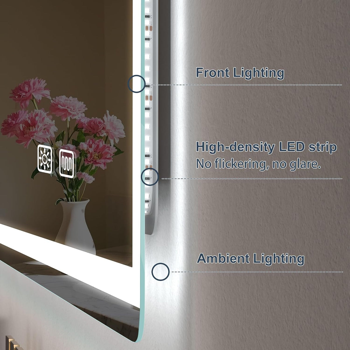 Miroir de salle de bain S'bagno avec éclairage 120 x 70 cm, miroir de salle de bain LED avec Bluetooth et fonction antibuée, intensité variable 3000 K/4000 K/6500 K, mémoire de forme, verre trempé HD, IP44 - Miroirs de salle de bain LED, horizontaux