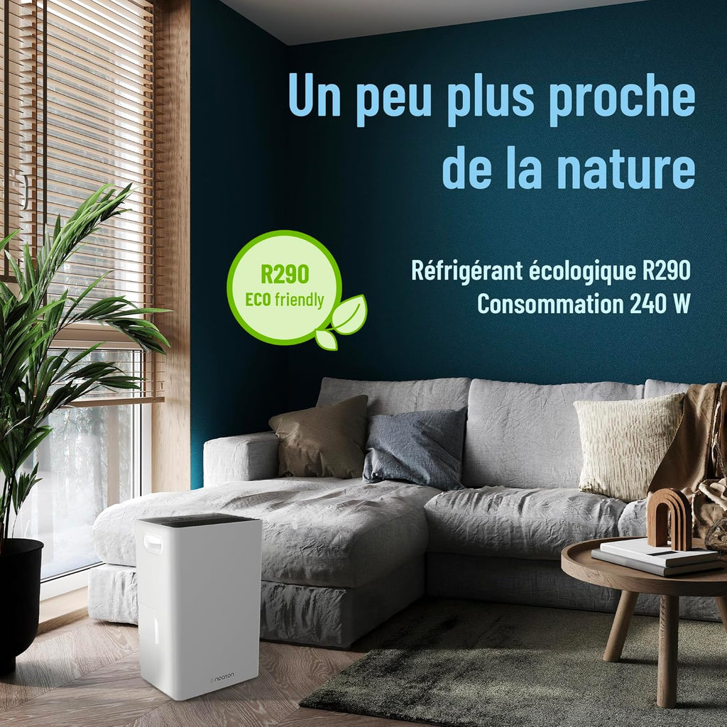 Noaton Déshumidificateur Portable Silencieux, 24L/jour, Minuterie 24h, Réservoir 5,5L, Drainage Continu, avec Dégivrage Automatique, Efficace pour Pièces jusqu'à 45 m², Afficher, Anti Moisissure