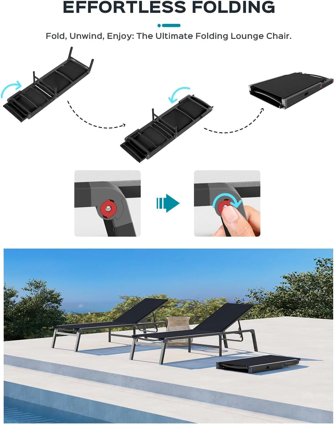 Chaise longue de jardin pliante en aluminium, sans montage, avec dossier réglable 5 positions, idéale pour terrasse, piscine et plage – Noir