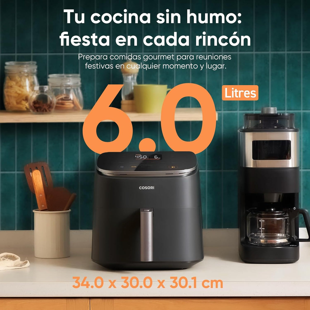 Friteuse à air Cosori Turbo Blaze 6 L, intérieur en métal véritable, moteur CC exclusif, 46 % plus rapide, température de 30 °C à 230 °C, idéale pour griller les viandes, programmes de cuisson complets, silencieux 27 dB