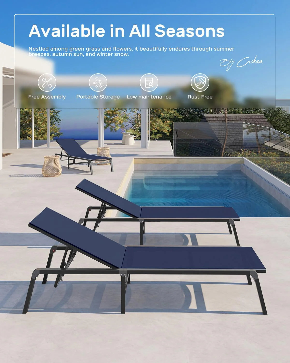 Chaise longue de jardin pliante en aluminium, sans montage, avec dossier réglable 5 positions, idéale pour terrasse, piscine et plage – Noir