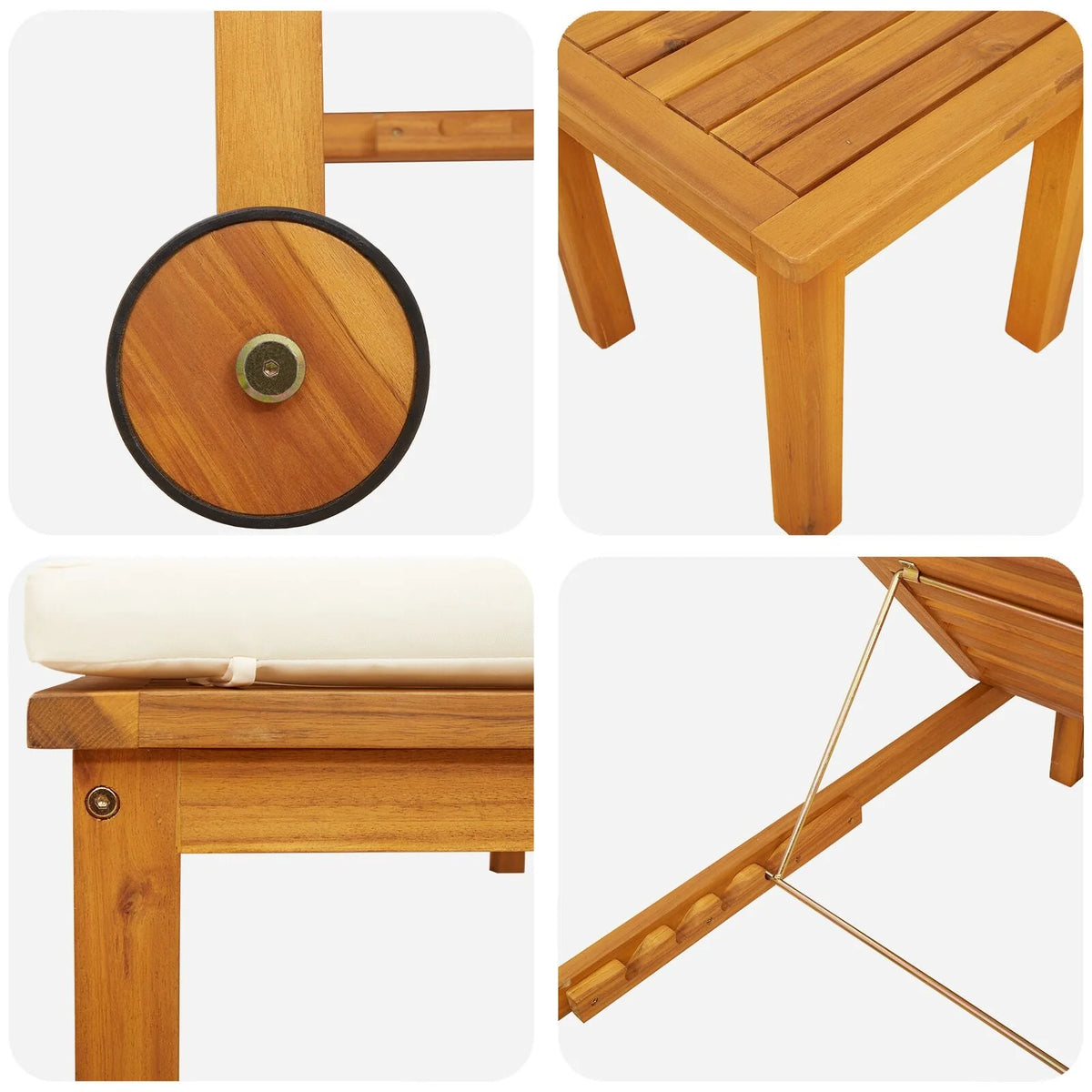 Ensemble de 2 chaises longues avec table et coussins en bois d'acacia massif (réf. 2025). Chaise longue avec coussins crème en bois d'acacia massif. Table d'appoint de jardin 35 x 35 x 34 cm en bois d'acacia massif (réf. V8526).