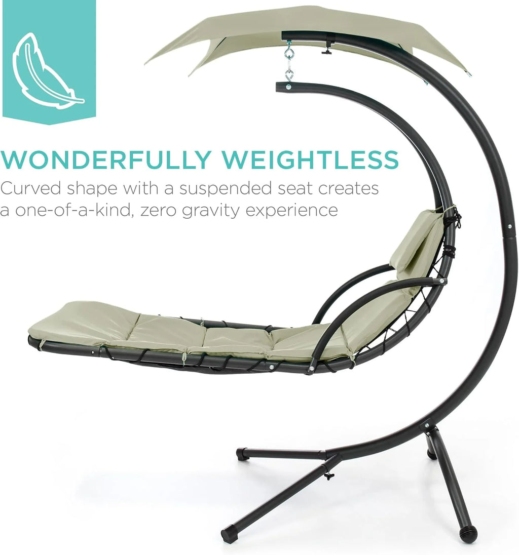 Chaise longue suspendue d'extérieur Best Choice Products – Fauteuil à bascule incurvé en acier avec coussin intégré et auvent amovible – Gris anthracite