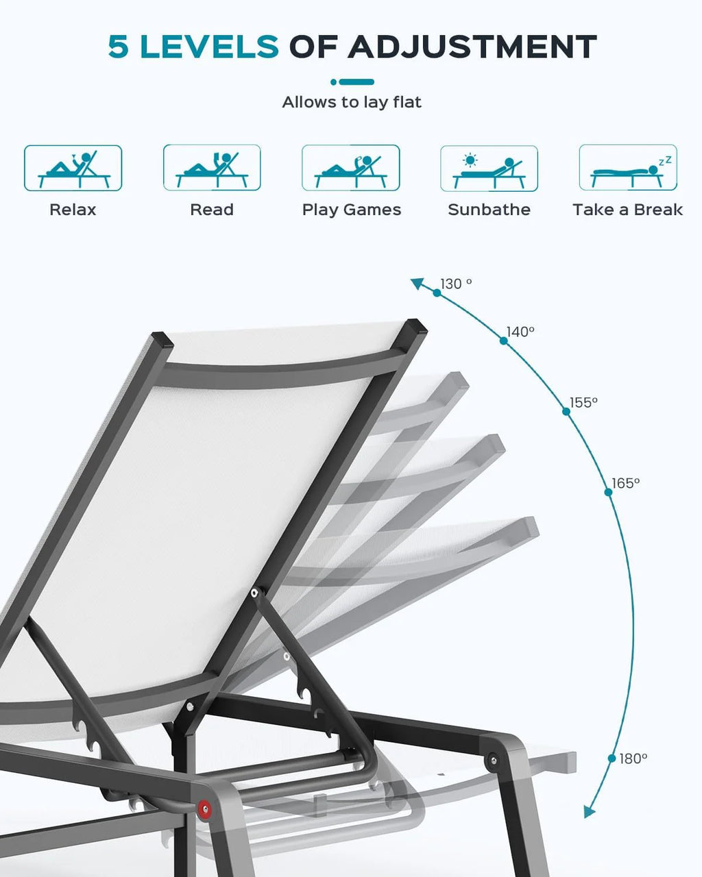 Chaise longue de jardin pliante en aluminium, sans montage, avec dossier réglable 5 positions, idéale pour terrasse, piscine et plage – Noir