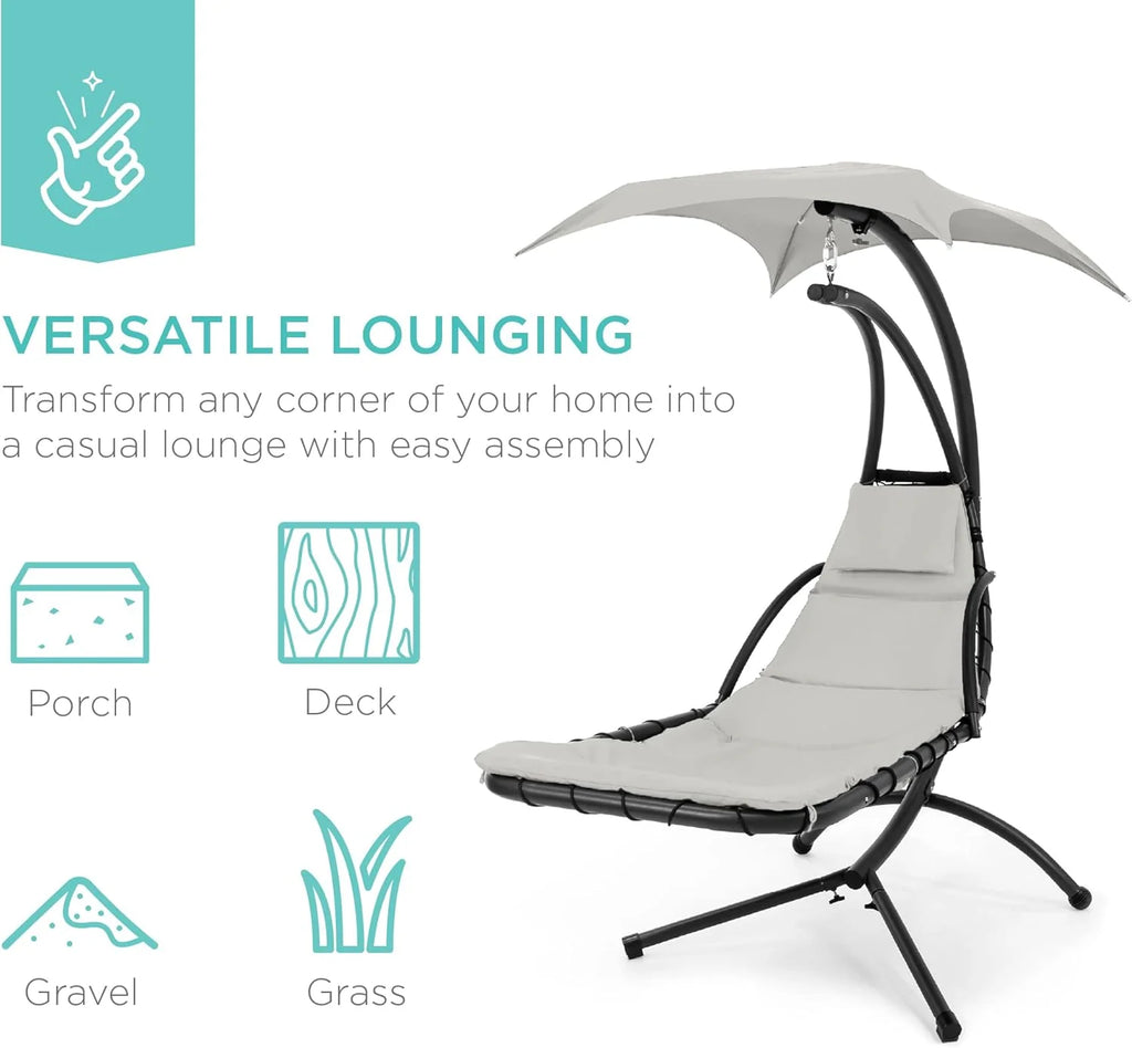 Chaise longue suspendue d'extérieur Best Choice Products – Fauteuil à bascule incurvé en acier avec coussin intégré et auvent amovible – Gris anthracite
