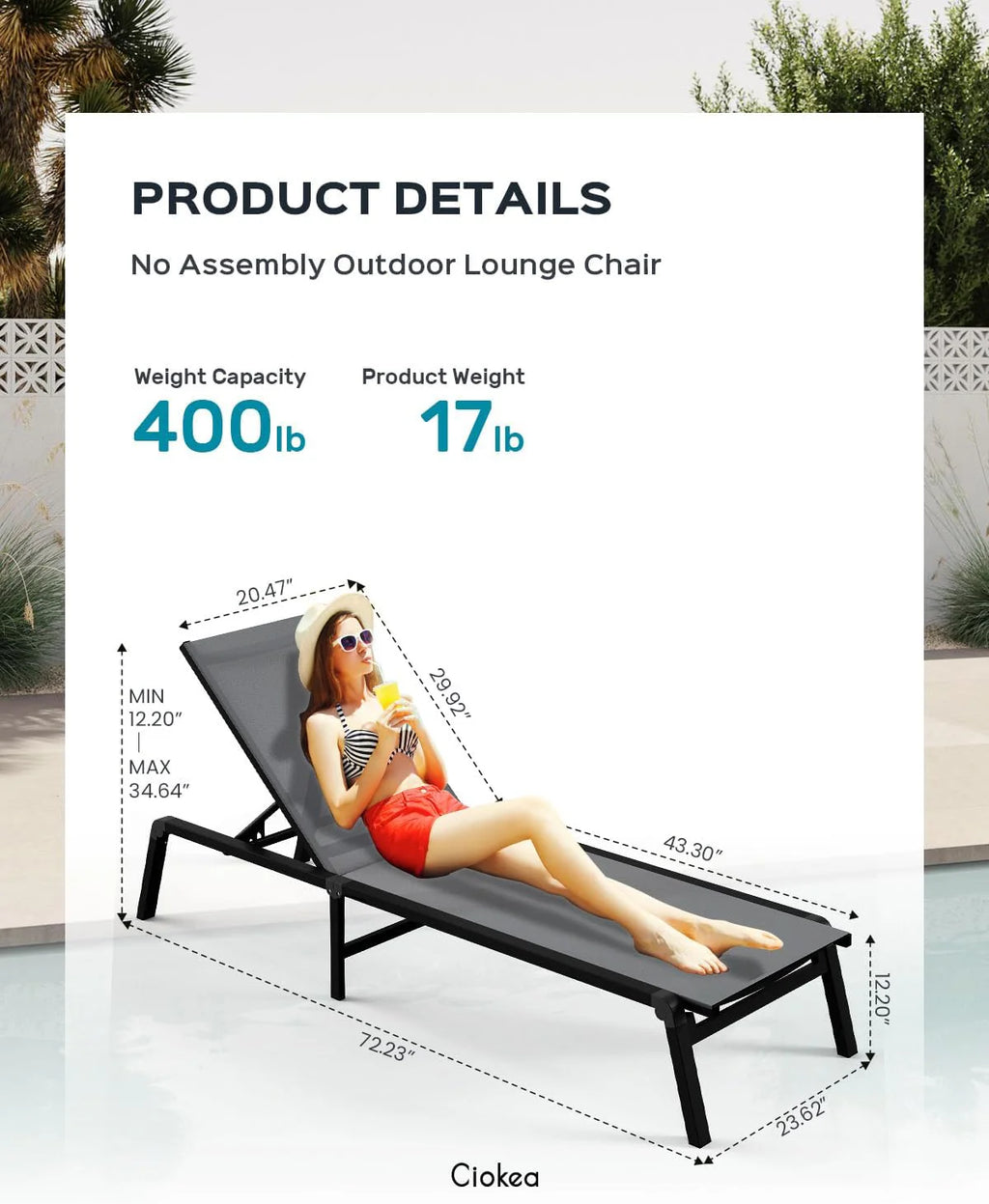 Chaise longue de jardin pliante en aluminium, sans montage, avec dossier réglable 5 positions, idéale pour terrasse, piscine et plage – Noir