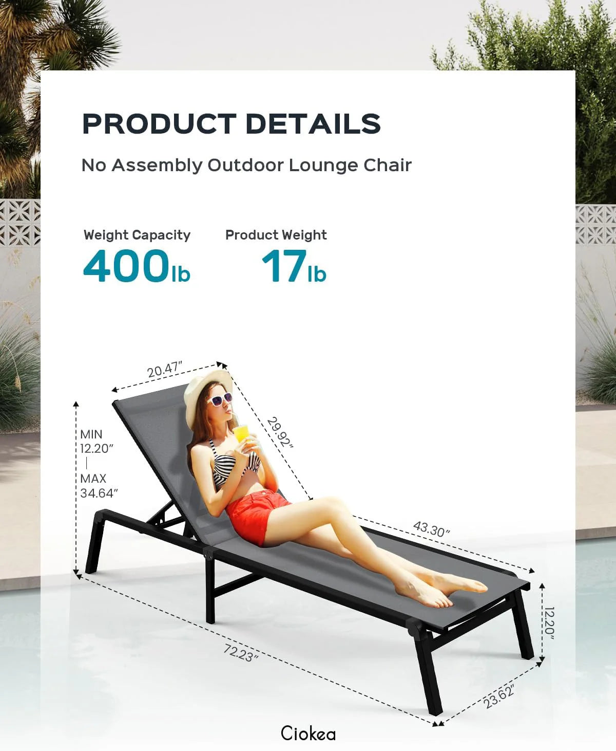 Chaise longue de jardin pliante en aluminium, sans montage, avec dossier réglable 5 positions, idéale pour terrasse, piscine et plage – Noir