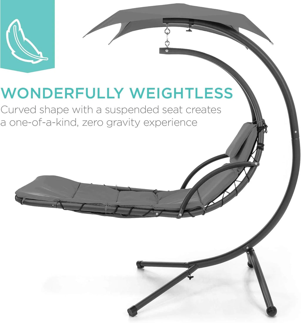 Chaise longue suspendue d'extérieur Best Choice Products – Fauteuil à bascule incurvé en acier avec coussin intégré et auvent amovible – Gris anthracite