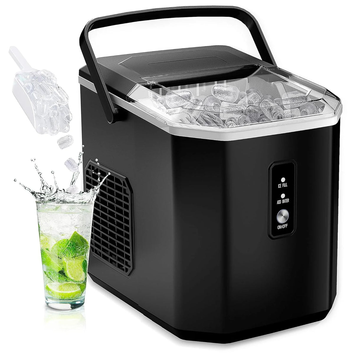 Machine à glaçons de comptoir EUHOMY – Prête en 8 minutes. 16 kg/24 h. Autonettoyante. Machine à glaçons portable avec pelle et seau. Glaçons comestibles produits par ultrasons pour la maison, les fêtes, le camping ou les caravanes.
