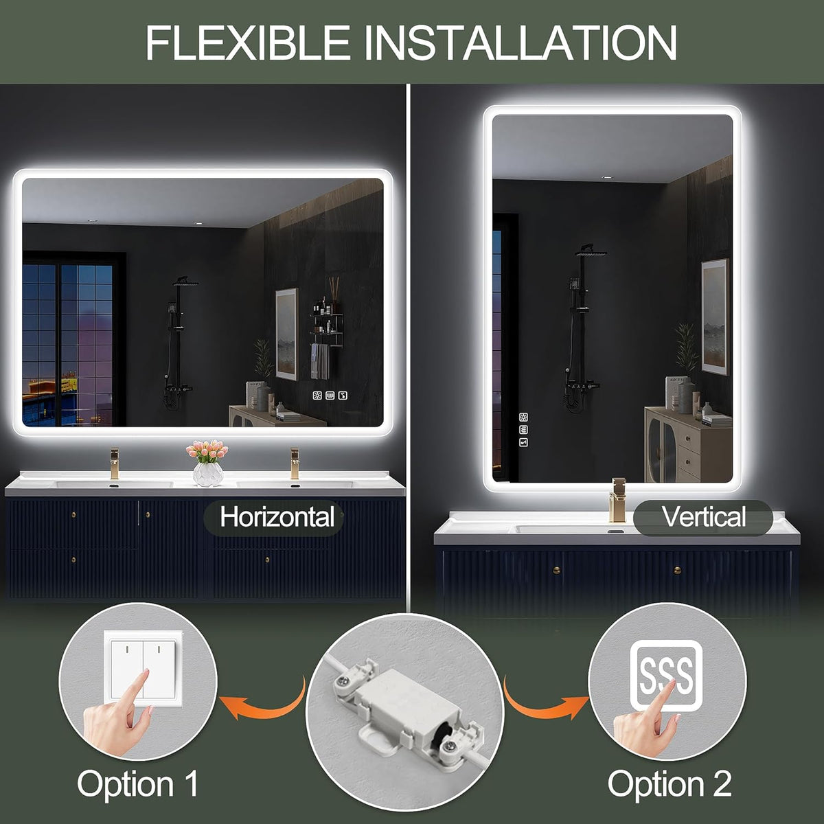 Miroir de salle de bain S'bagno avec éclairage 1200 x 700 mm, IP44, LED, Bluetooth, antibuée, 3 couleurs de lumière (3 000 K, 4 000 K, 6 500 K), intensité variable, mémoire, vertical ou horizontal. Miroirs de salle de bain avec LED.