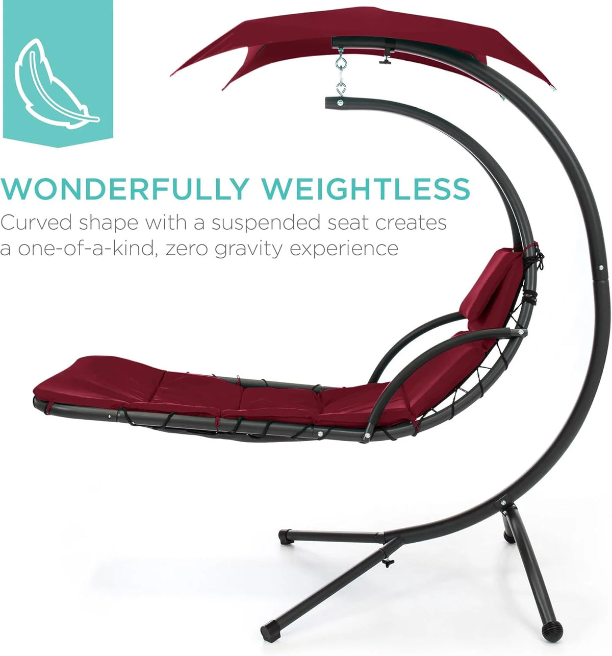 Chaise longue suspendue d'extérieur Best Choice Products – Fauteuil à bascule incurvé en acier avec coussin intégré et auvent amovible – Gris anthracite