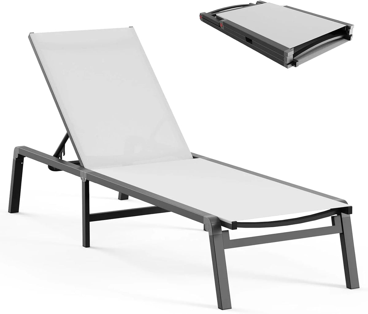 Chaise longue de jardin pliante en aluminium, sans montage, avec dossier réglable 5 positions, idéale pour terrasse, piscine et plage – Noir