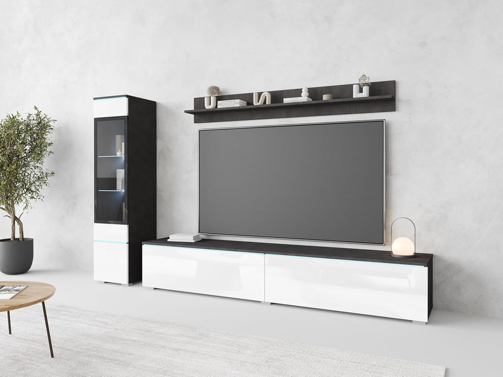 Ensemble de salon Piaski Vera I, éclairage LED en option, couleurs variées (béton/blanc brillant, sans éclairage LED)