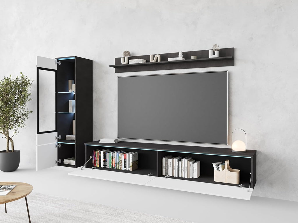 Ensemble de salon Piaski Vera I, éclairage LED en option, couleurs variées (béton/blanc brillant, sans éclairage LED)