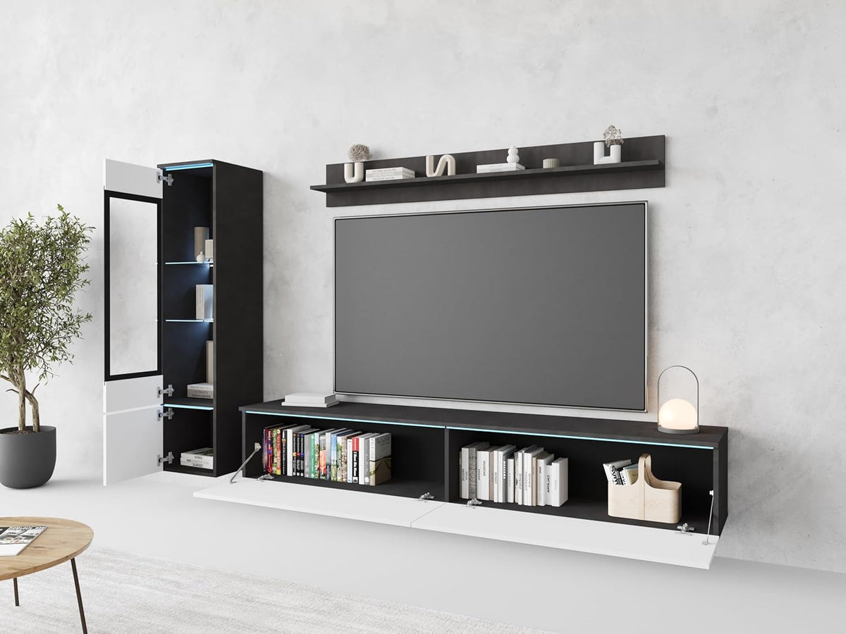 Ensemble de salon Piaski Vera I, éclairage LED en option, couleurs variées (béton/blanc brillant, sans éclairage LED)