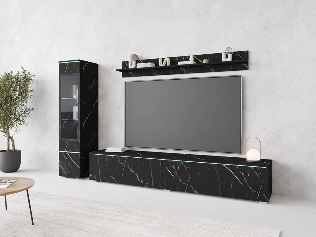 Ensemble de salon Piaski Vera I, éclairage LED en option, couleurs variées (béton/blanc brillant, sans éclairage LED)