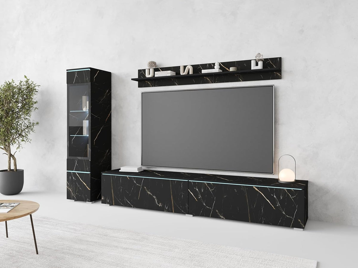 Ensemble de salon Piaski Vera I, éclairage LED en option, couleurs variées (béton/blanc brillant, sans éclairage LED)
